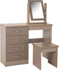 NEVADA 4 DRAWER DRESSING TABLE SET - OYSTER GLOSS/LIGHT OAK EFFECT VENEER