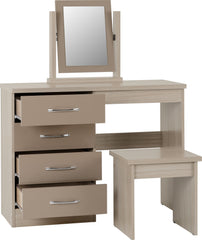 NEVADA 4 DRAWER DRESSING TABLE SET - OYSTER GLOSS/LIGHT OAK EFFECT VENEER