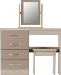 NEVADA 4 DRAWER DRESSING TABLE SET - OYSTER GLOSS/LIGHT OAK EFFECT VENEER
