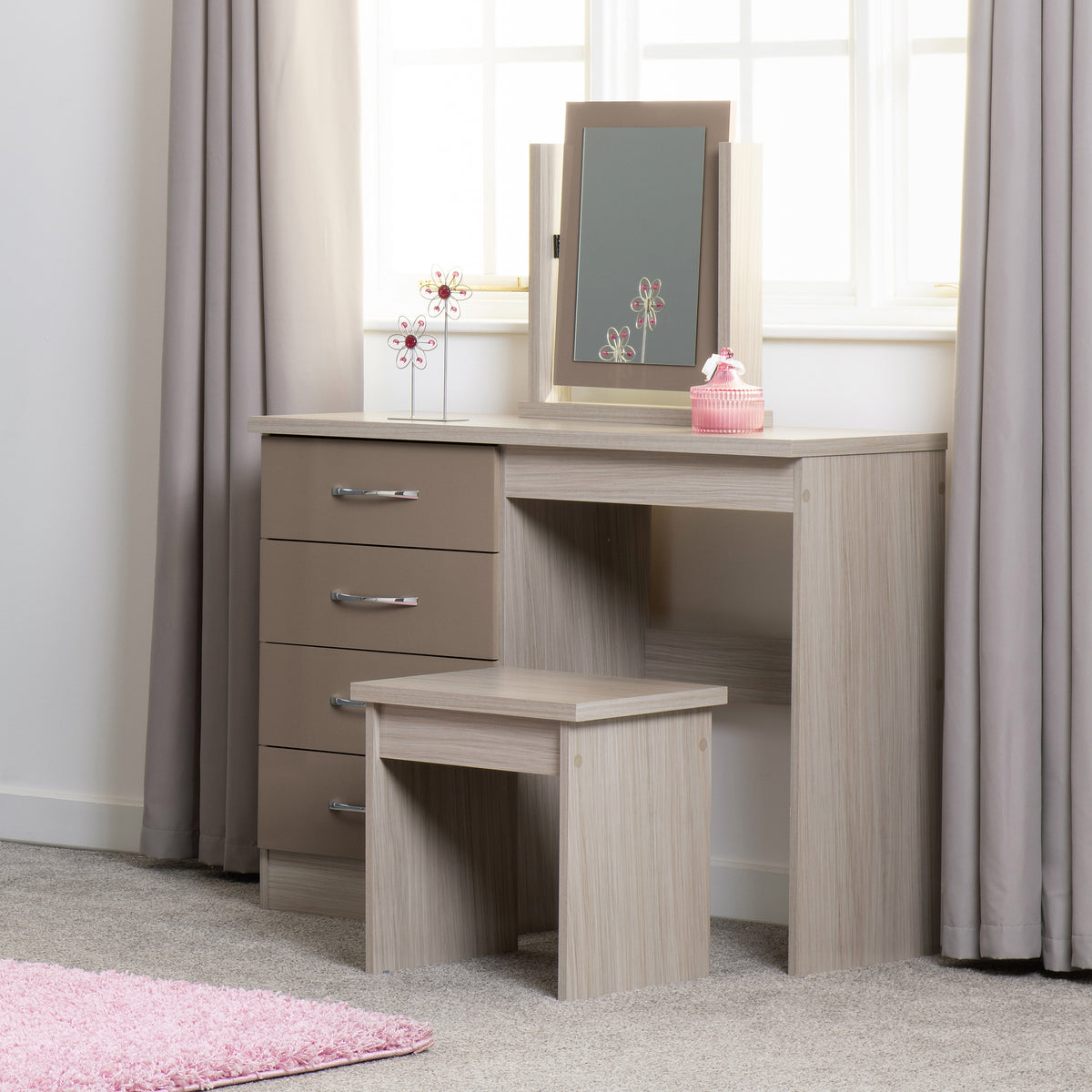 NEVADA 4 DRAWER DRESSING TABLE SET - OYSTER GLOSS/LIGHT OAK EFFECT VENEER