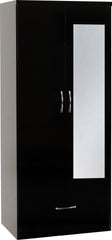 NEVADA MIRRORED 2 DOOR 1 DRAWER WARDROBE - BLACK GLOSS