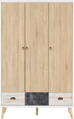 NORDIC 3 DOOR 3 DRAWER WARDROBE - WHITE/DISTRESSED EFFECT