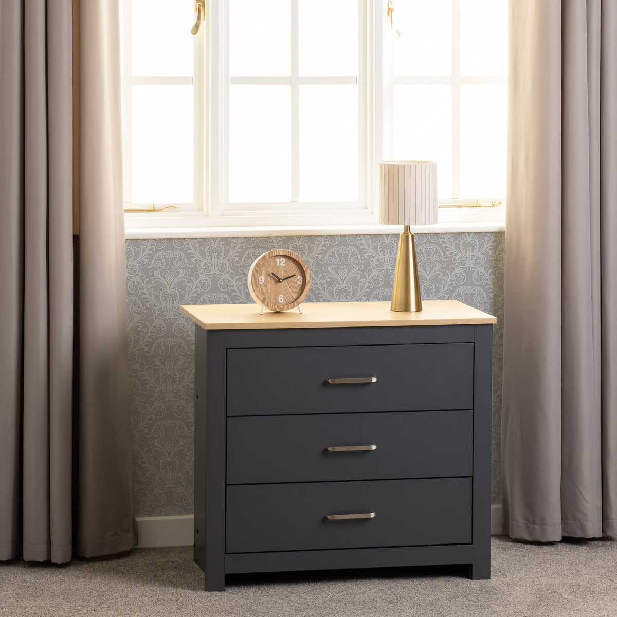 PORTLAND 3 DRAWER CHEST - GREY/OAK EFFECT