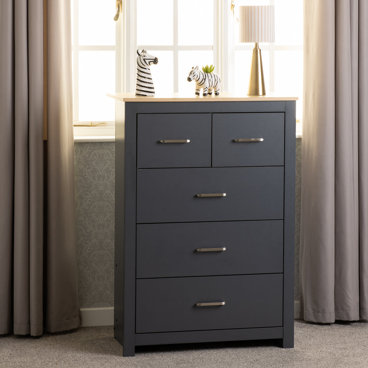 PORTLAND 3+2 DRAWER CHEST - GREY/OAK EFFECT
