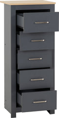 PORTLAND 5 DRAWER NARROW CHEST - GREY/OAK EFFECT