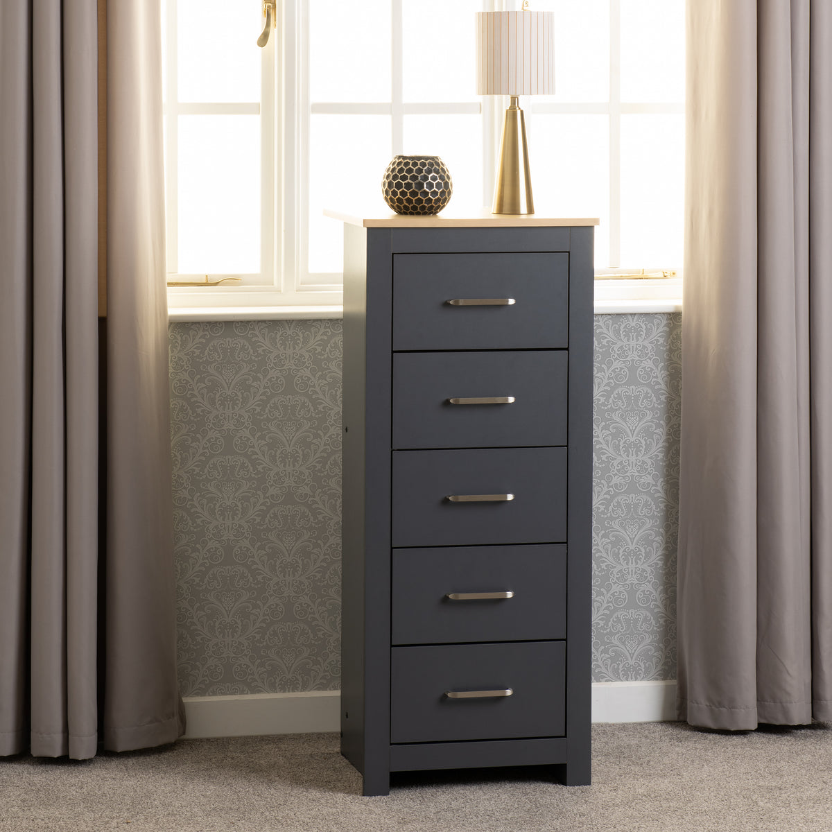 PORTLAND 5 DRAWER NARROW CHEST - GREY/OAK EFFECT