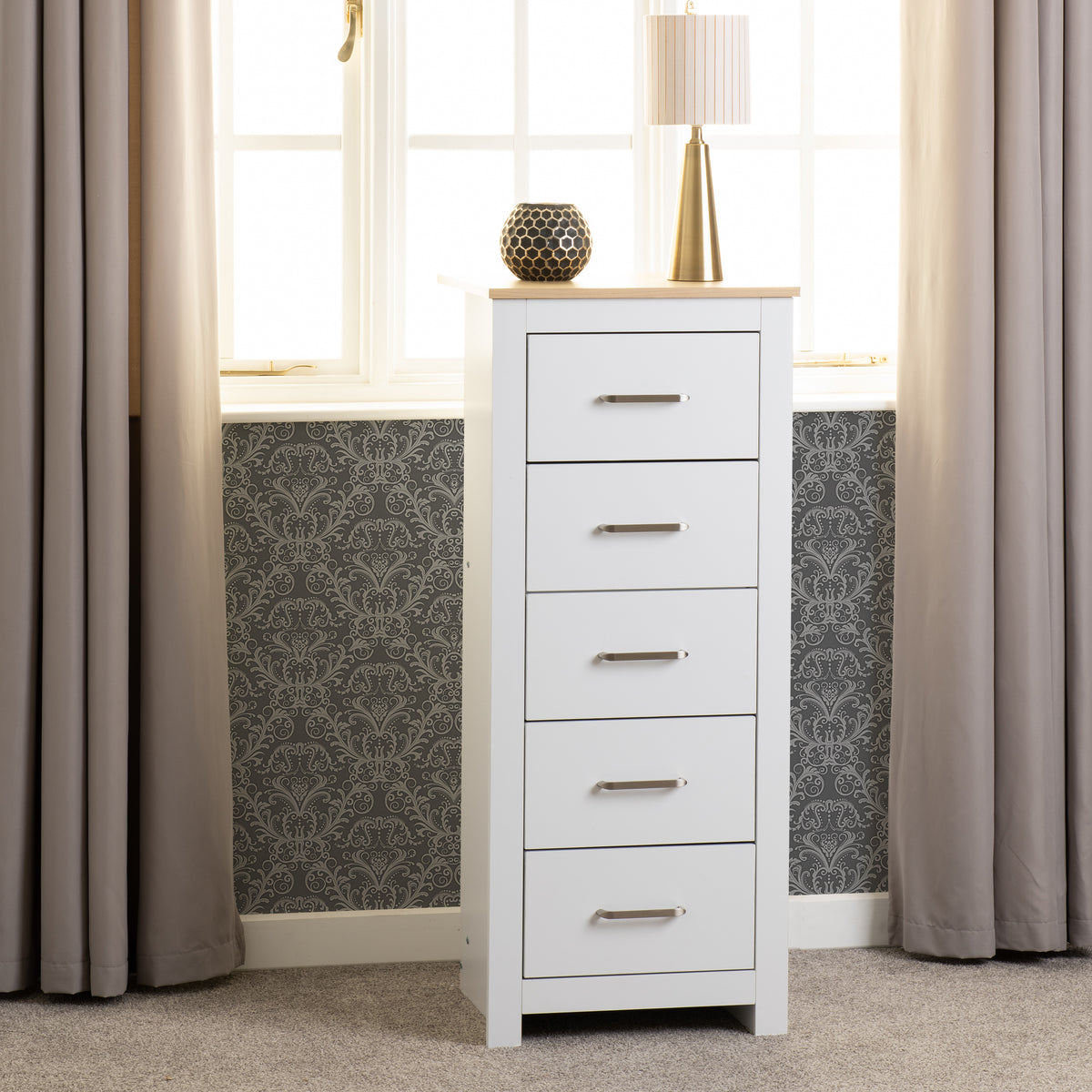 PORTLAND 5 DRAWER NARROW CHEST - WHITE/OAK EFFECT
