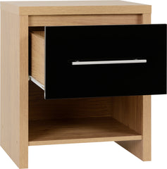 SEVILLE 1 DRAWER BEDSIDE - BLACK HIGH GLOSS/LIGHT OAK EFFECT VENEER