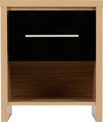 SEVILLE 1 DRAWER BEDSIDE - BLACK HIGH GLOSS/LIGHT OAK EFFECT VENEER