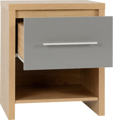 SEVILLE 1 DRAWER BEDSIDE - GREY HIGH GLOSS/LIGHT OAK EFFECT VENEER