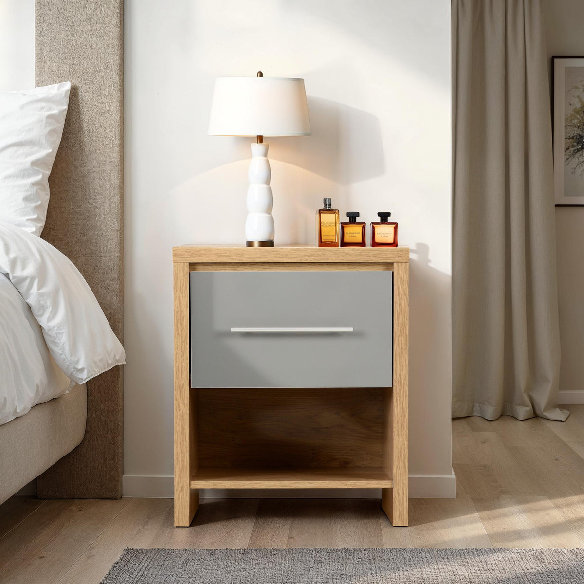 SEVILLE 1 DRAWER BEDSIDE - GREY HIGH GLOSS/LIGHT OAK EFFECT VENEER