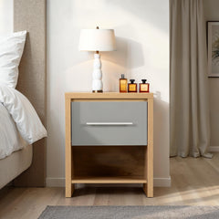 SEVILLE 1 DRAWER BEDSIDE - GREY HIGH GLOSS/LIGHT OAK EFFECT VENEER