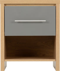 SEVILLE 1 DRAWER BEDSIDE - GREY HIGH GLOSS/LIGHT OAK EFFECT VENEER