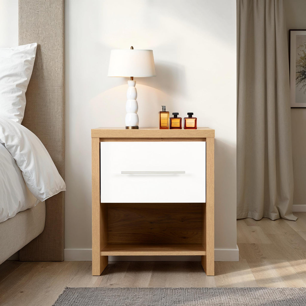 SEVILLE 1 DRAWER BEDSIDE - WHITE HIGH GLOSS/LIGHT OAK EFFECT VENEER