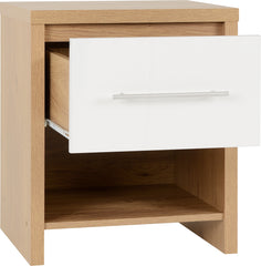 SEVILLE 1 DRAWER BEDSIDE - WHITE HIGH GLOSS/LIGHT OAK EFFECT VENEER