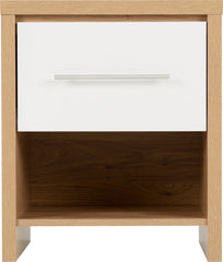 SEVILLE 1 DRAWER BEDSIDE - WHITE HIGH GLOSS/LIGHT OAK EFFECT VENEER
