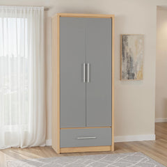 SEVILLE 2 DOOR 1 DRAWER WARDROBE - GREY HIGH GLOSS/LIGHT OAK EFFECT VENEER