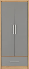 SEVILLE 2 DOOR 1 DRAWER WARDROBE - GREY HIGH GLOSS/LIGHT OAK EFFECT VENEER