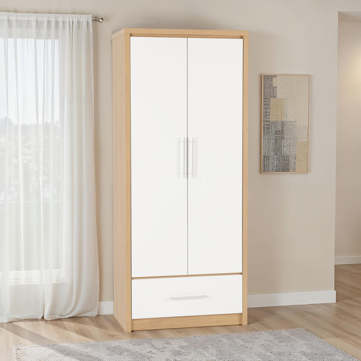 SEVILLE 2 DOOR 1 DRAWER WARDROBE - WHITE HIGH GLOSS/LIGHT OAK EFFECT VENEER