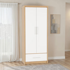 SEVILLE 2 DOOR 1 DRAWER WARDROBE - WHITE HIGH GLOSS/LIGHT OAK EFFECT VENEER