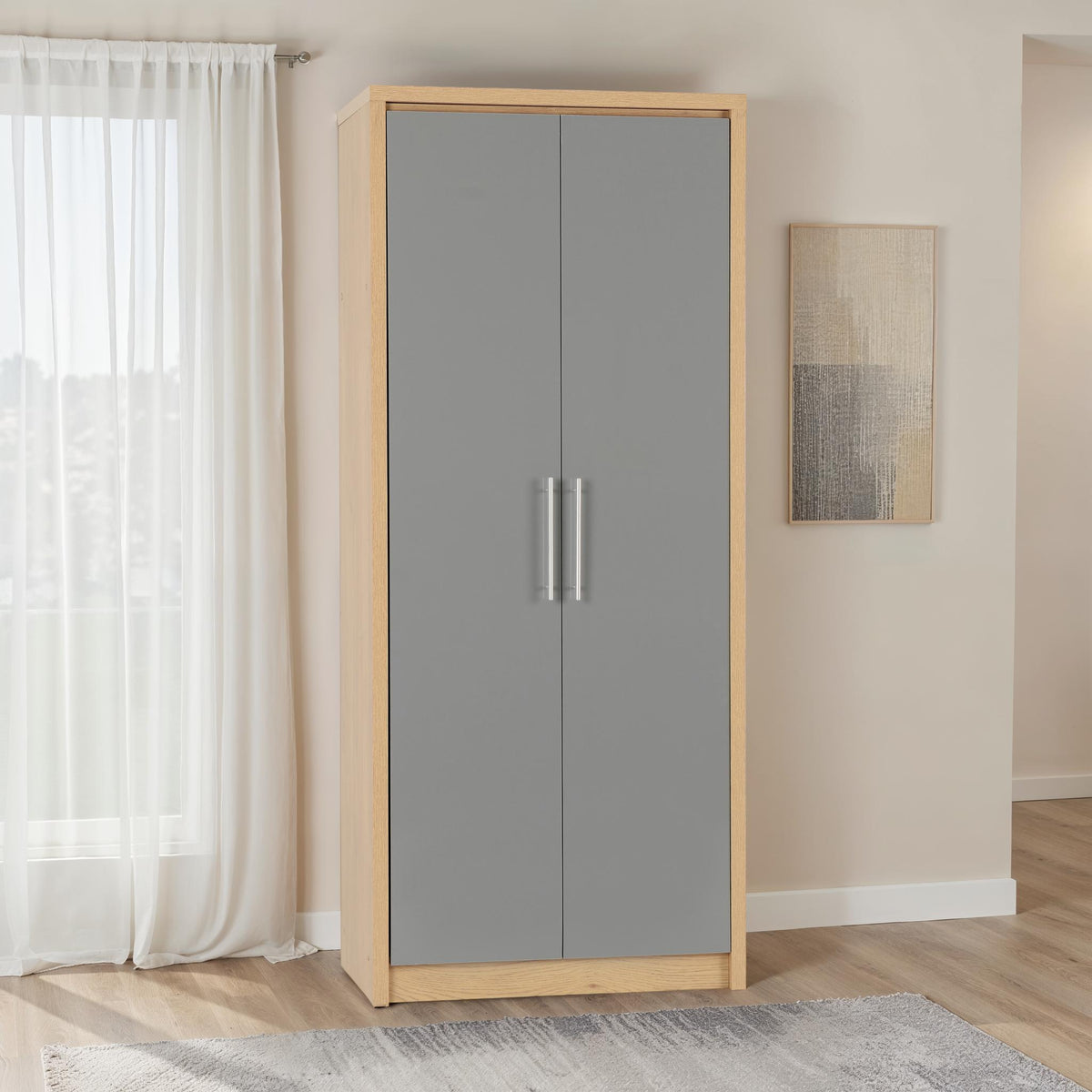 SEVILLE 2 DOOR WARDROBE - GREY HIGH GLOSS/LIGHT OAK EFFECT VENEER