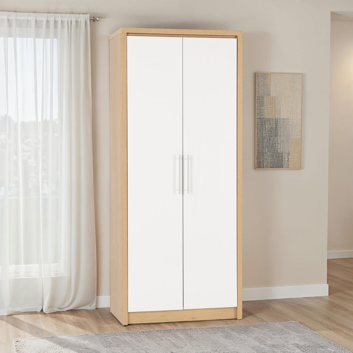 SEVILLE 2 DOOR WARDROBE - WHITE HIGH GLOSS/LIGHT OAK EFFECT VENEER