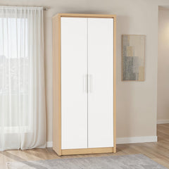 SEVILLE 2 DOOR WARDROBE - WHITE HIGH GLOSS/LIGHT OAK EFFECT VENEER