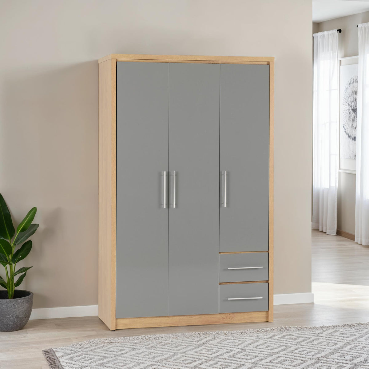 SEVILLE 3 DOOR 2 DRAWER WARDROBE - GREY HIGH GLOSS/LIGHT OAK EFFECT VENEER