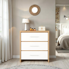 SEVILLE 3 DRAWER CHEST - WHITE HIGH GLOSS/LIGHT OAK EFFECT VENEER