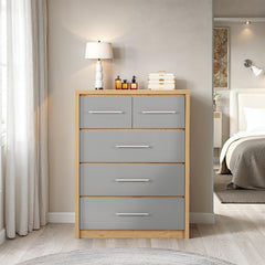 SEVILLE 3+2 DRAWER CHEST - GREY HIGH GLOSS/LIGHT OAK EFFECT VENEER