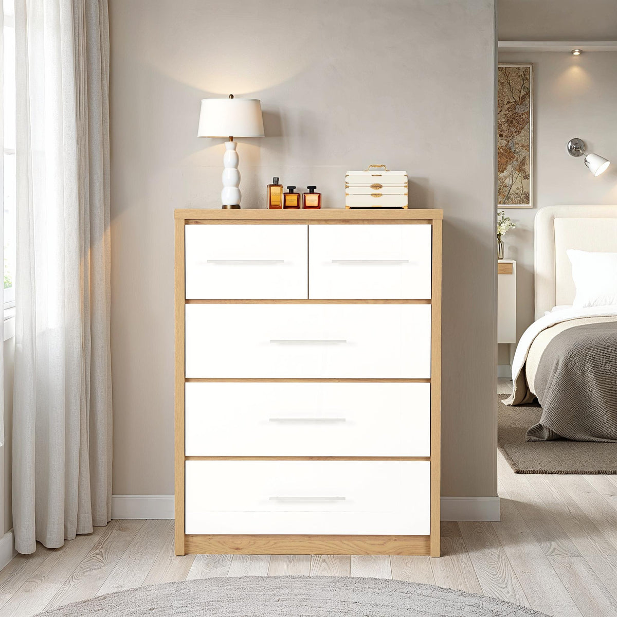 SEVILLE 3+2 DRAWER CHEST - WHITE HIGH GLOSS/LIGHT OAK EFFECT VENEER