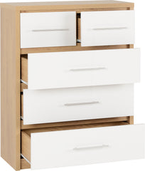 SEVILLE 3+2 DRAWER CHEST - WHITE HIGH GLOSS/LIGHT OAK EFFECT VENEER
