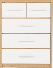 SEVILLE 3+2 DRAWER CHEST - WHITE HIGH GLOSS/LIGHT OAK EFFECT VENEER