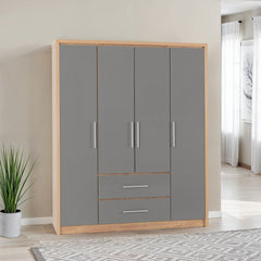 SEVILLE 4 DOOR 2 DRAWER WARDROBE - GREY HIGH GLOSS/LIGHT OAK EFFECT VENEER