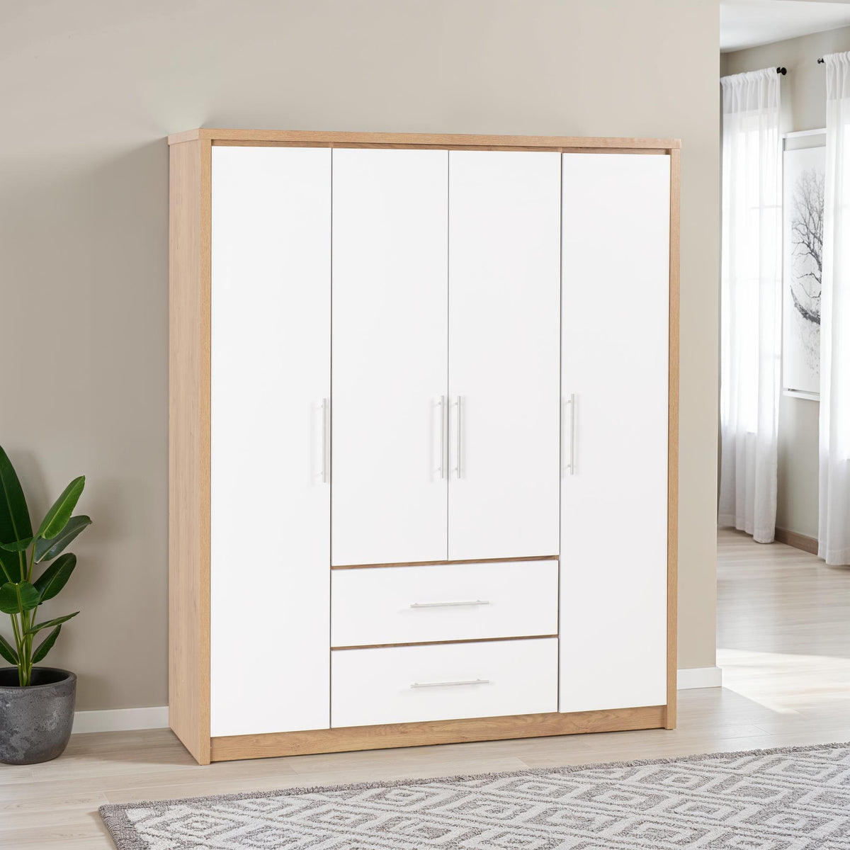 SEVILLE 4 DOOR 2 DRAWER WARDROBE - WHITE HIGH GLOSS/LIGHT OAK EFFECT VENEER