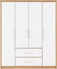 SEVILLE 4 DOOR 2 DRAWER WARDROBE - WHITE HIGH GLOSS/LIGHT OAK EFFECT VENEER