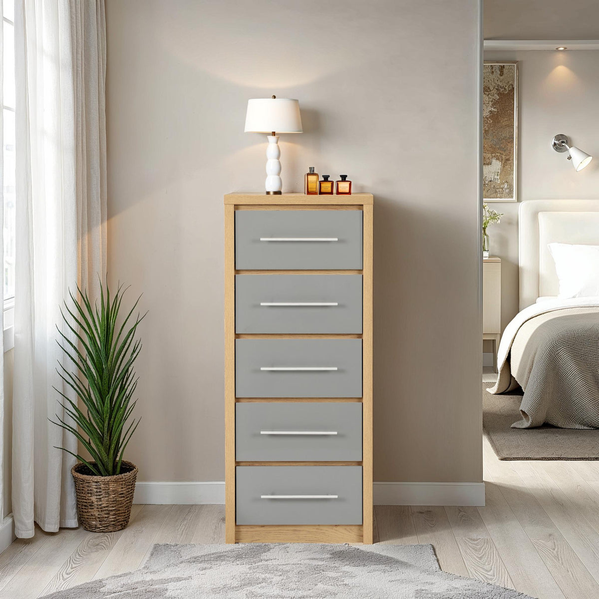 SEVILLE 5 DRAWER NARROW CHEST - GREY HIGH GLOSS/LIGHT OAK EFFECT VENEER