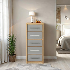 SEVILLE 5 DRAWER NARROW CHEST - GREY HIGH GLOSS/LIGHT OAK EFFECT VENEER