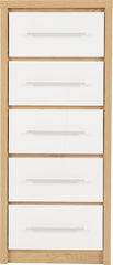 SEVILLE 5 DRAWER NARROW CHEST - WHITE HIGH GLOSS/LIGHT OAK EFFECT VENEER