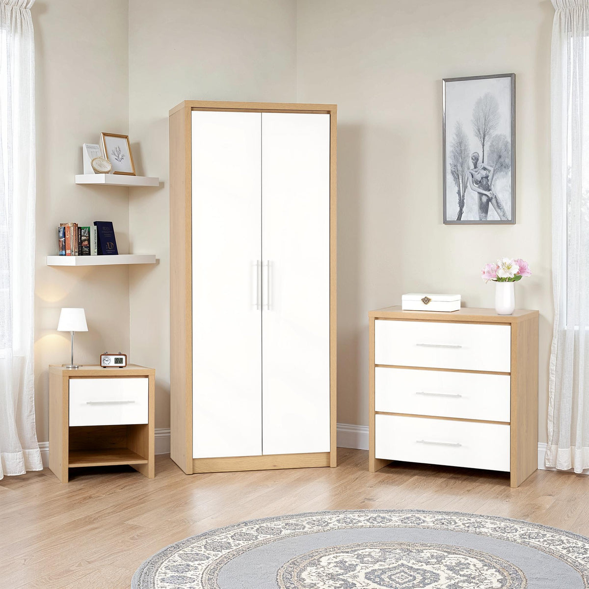 SEVILLE BEDROOM SET - WHITE HIGH GLOSS/LIGHT OAK EFFECT VENEER