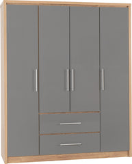 SEVILLE 4 DOOR 2 DRAWER WARDROBE - GREY HIGH GLOSS/LIGHT OAK EFFECT VENEER