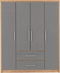 SEVILLE 4 DOOR 2 DRAWER WARDROBE - GREY HIGH GLOSS/LIGHT OAK EFFECT VENEER