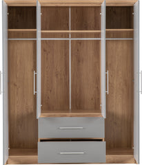 SEVILLE 4 DOOR 2 DRAWER WARDROBE - GREY HIGH GLOSS/LIGHT OAK EFFECT VENEER