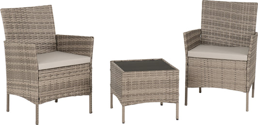 WILLOW 3 PIECE GARDEN SET - GREY RATTAN/GREY FABRIC/BLACK GLASS