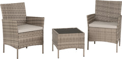 WILLOW 3 PIECE GARDEN SET - GREY RATTAN/GREY FABRIC/BLACK GLASS