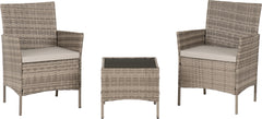 WILLOW 3 PIECE GARDEN SET - GREY RATTAN/GREY FABRIC/BLACK GLASS