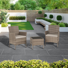 WILLOW 3 PIECE GARDEN SET - GREY RATTAN/GREY FABRIC/BLACK GLASS