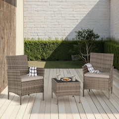 WILLOW 3 PIECE GARDEN SET - GREY RATTAN/GREY FABRIC/BLACK GLASS