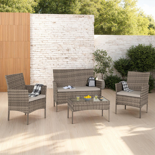 WILLOW 4 PIECE GARDEN SET - GREY RATTAN/GREY FABRIC/CLEAR GLASS