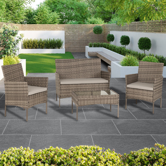 WILLOW 4 PIECE GARDEN SET - GREY RATTAN/GREY FABRIC/CLEAR GLASS